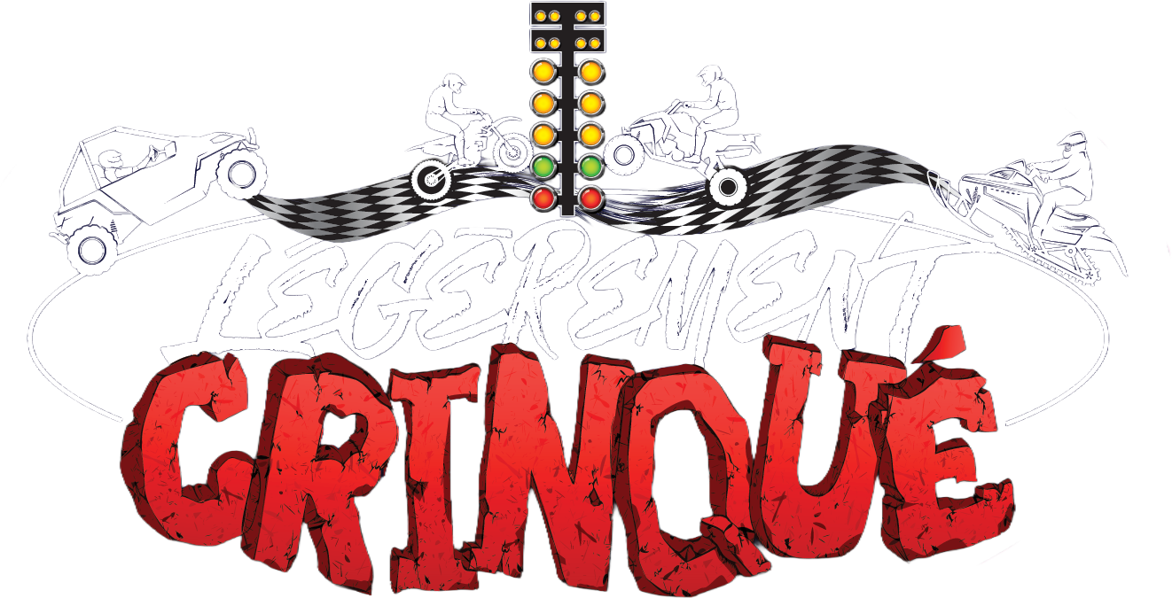 Logo Légèrement Crinqué : side-by-side, motocross, quad et motoneige autour d'un drapeau à damier et d'un arbre de départ